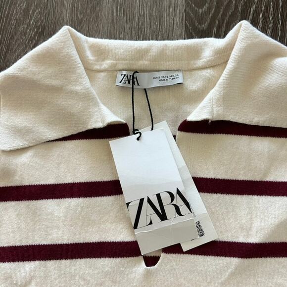 NWT Zara Oversized Striped Knit Polo Sweater Ecru Red Size Small Collared Top - Picture 4 of 16